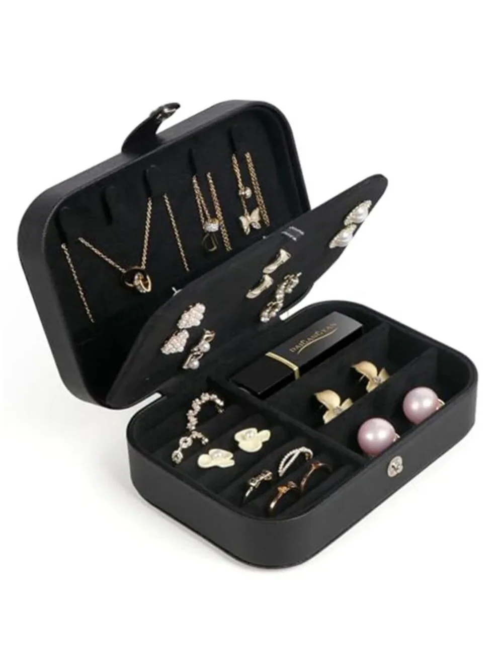 Travel Jewelry Box Organizer Black Faux Leather Necklace Ring Earring Storage